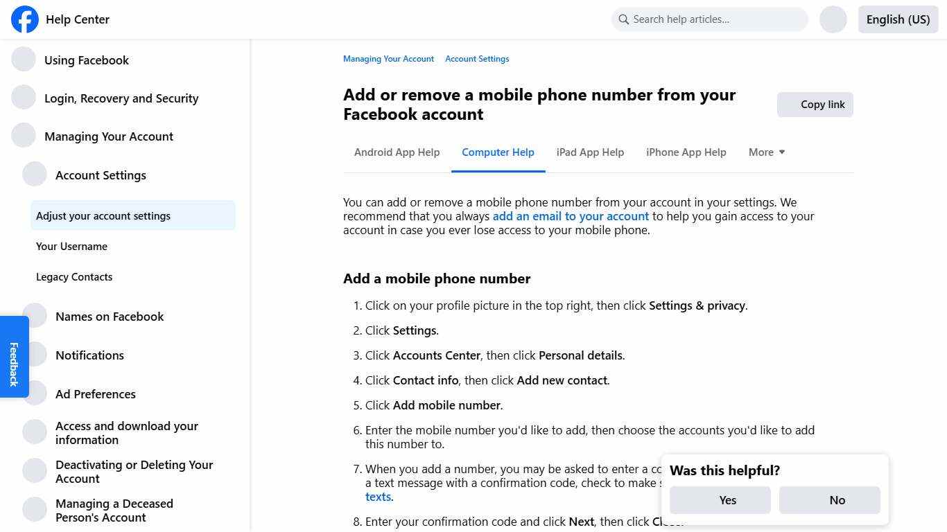 Add or remove a mobile phone number from your Facebook account | Facebook Help Center